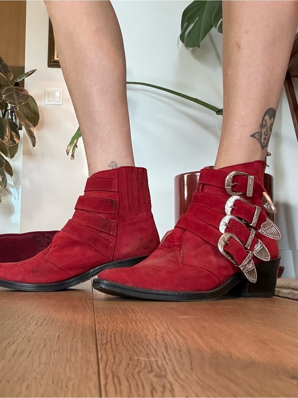 Toga Red Suede Buckle Ankle Boots - Women's Stylish Western Booties. Size 37